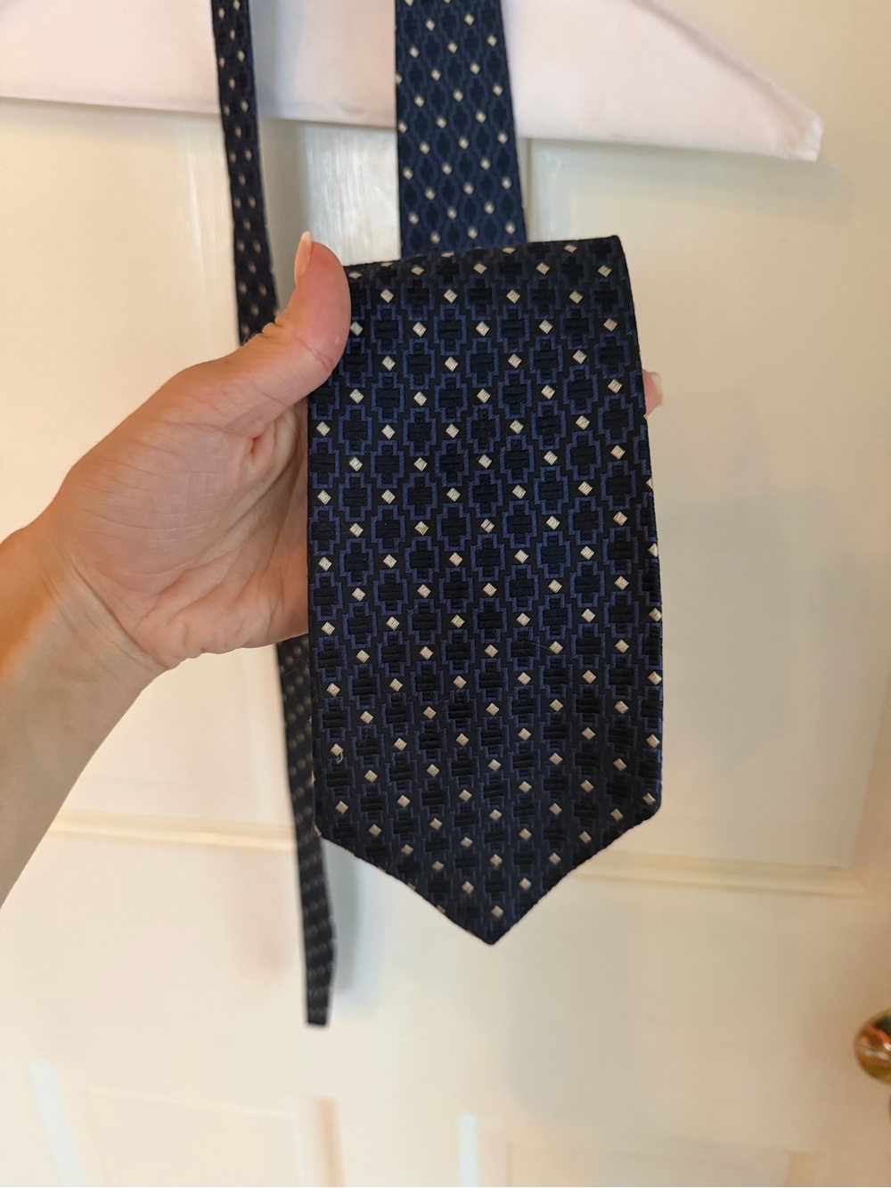 Paul Fredrick 100% Italian Silk Geometric Tie Navy Blue Hand Tailored USA